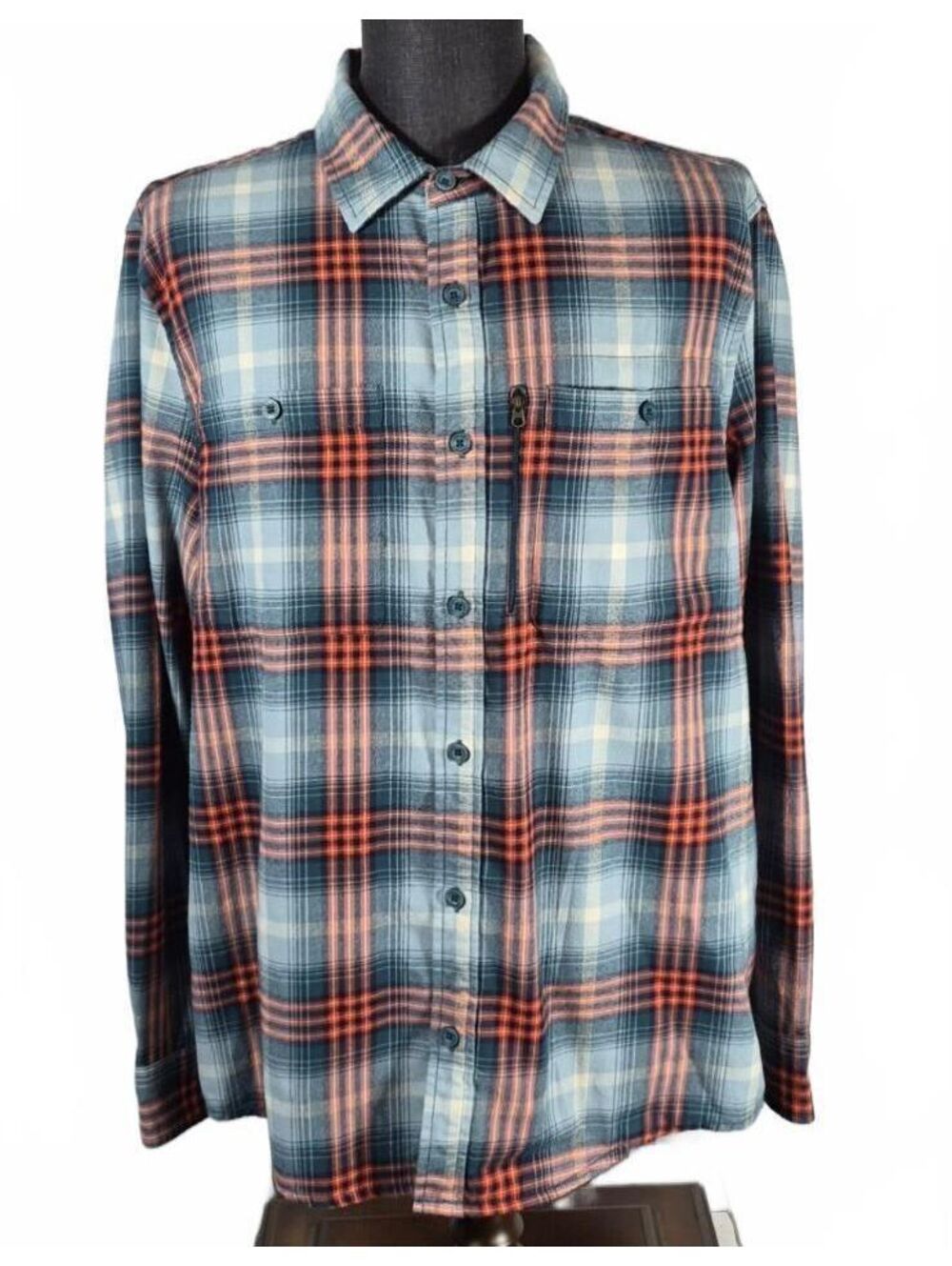 Jockey Men’s XL Plaid Flannel Shirt Zip Pocket Blue Orange